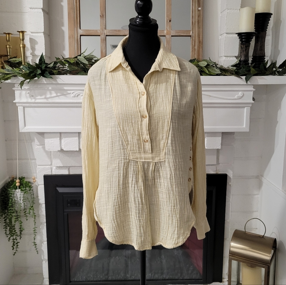 By Anthropologie Boho Butter Yellow Gauzy V-Neck Side Button Popover Shirt Xs
